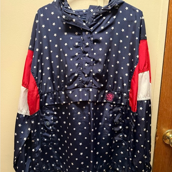 Simply Southern Jackets & Blazers - Navy Star Print Hooded Jacket with Red & White Accents